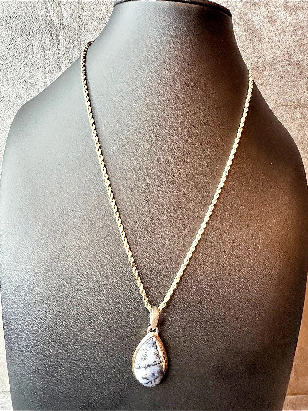 Sterling Silver 925 Dendritic Opal Teardrop Pendant Rope Chain Necklace